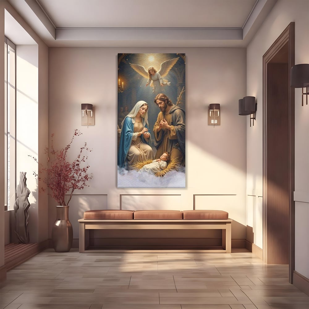 Tablou canvas cu tablou canvas cu sfanta familie si inger, fara rama, pe sasiu de lemn